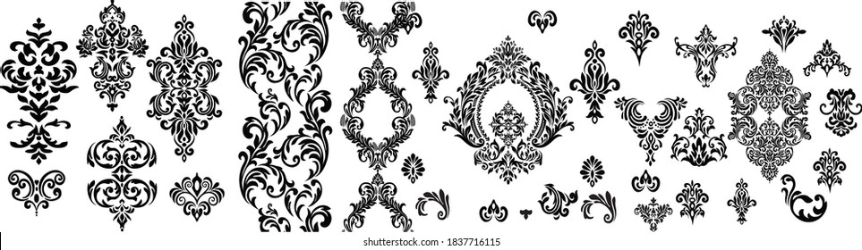 Set of Oriental vector damask patterns for greeting cards and wedding invitations.