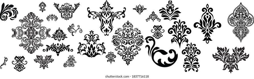 Set of Oriental vector damask patterns for greeting cards and wedding invitations.