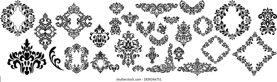 Set of Oriental vector damask patterns for greeting cards and wedding invitations.