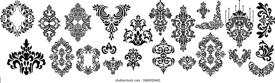 Set of Oriental vector damask patterns for greeting cards and wedding invitations.