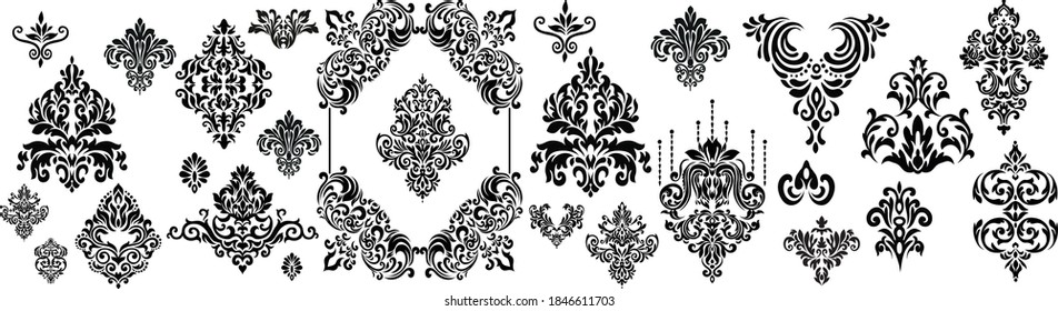 Set of Oriental vector damask patterns for greeting cards and wedding invitations.