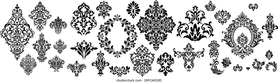 Set of Oriental vector damask patterns for greeting cards and wedding invitations.