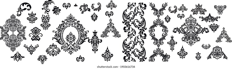 Set of Oriental vector damask patterns for greeting cards and wedding invitations.