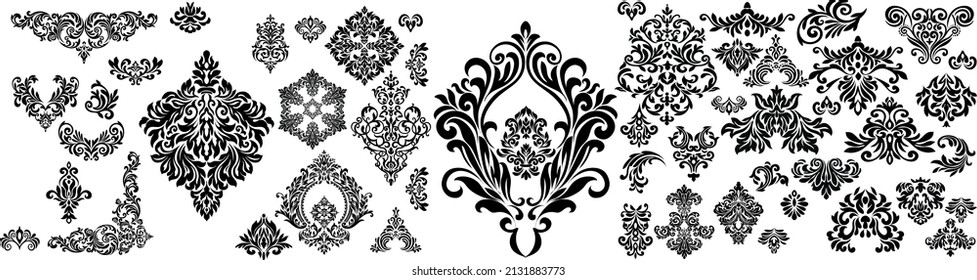 Set of Oriental vector damask patterns for greeting cards and wedding invitations.