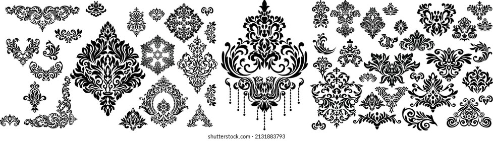 Set of Oriental vector damask patterns for greeting cards and wedding invitations.