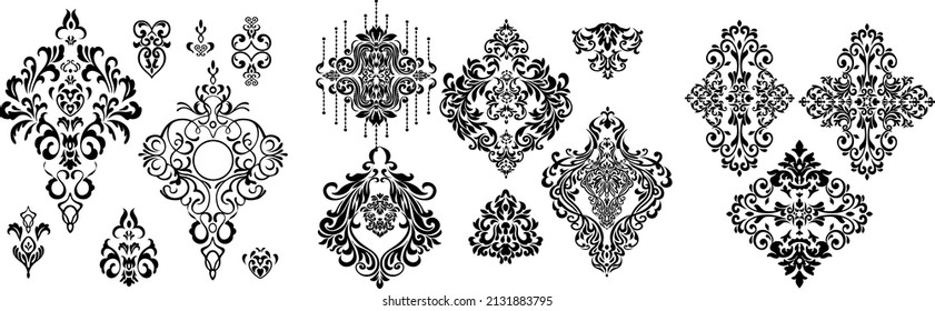 Set of Oriental vector damask patterns for greeting cards and wedding invitations.