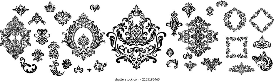 Set of Oriental vector damask patterns for greeting cards and wedding invitations.