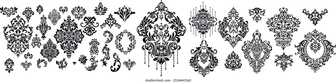 Set of Oriental vector damask patterns for greeting cards and wedding invitations. 