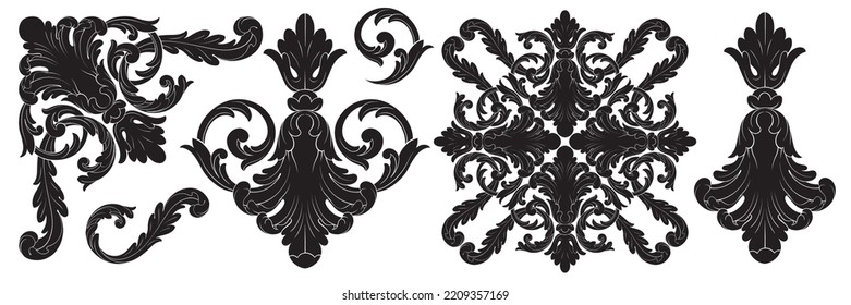 Set of Oriental vector damask patterns Retro baroque decorations element with flourishes calligraphic ornament. Vintage style design collection for Placards, Invitations, Banners, Badges and Logotypes