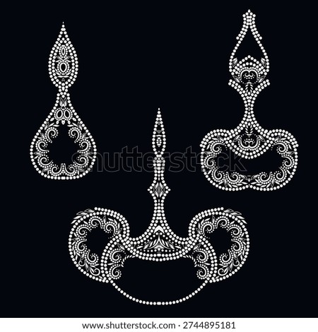 Set of oriental vessels - black and white pattern of small dots for design. Ethnic cliche with beads and decorative elements. Vector clipart