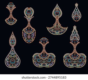 Set of oriental vessels - colorful pattern of small dots for design. Bright  ethnic cliche with beads and decorative elements of various ornaments, deco template. Vector clipart