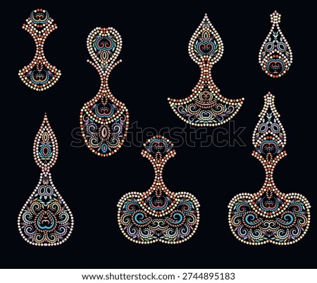 Set of oriental vessels - colorful pattern of small dots for design. Bright  ethnic cliche with beads and decorative elements of various ornaments, deco template. Vector clipart