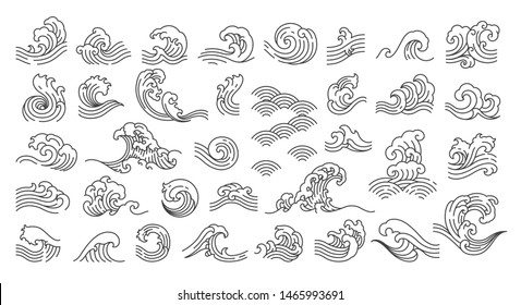 Set of oriental wave illustration. Japan wave. Japanese pattern. Linear style. - Vector.