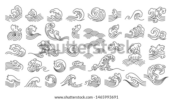 Set of oriental wave illustration. Japan\
wave. Japanese pattern. Linear style. -\
Vector.