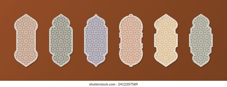 Eine Reihe von islamischen Fenstern und Arkaden im orientalischen Stil mit modernem Boho-Design, Moschee-Kuppel.