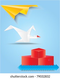 set of origami abstract plane,crane,ship