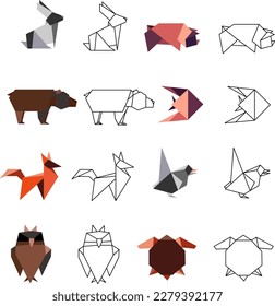 
Set of origami animal birds and fish