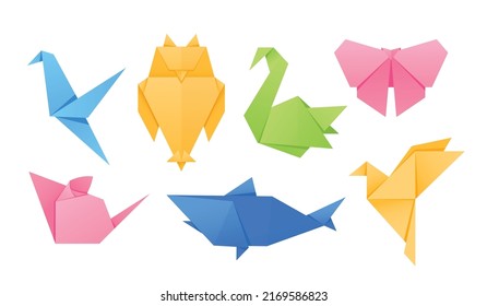 Set of Origami Animals and Birds, Crane, Owl, Swan and Butterfly, Mouse, Shark and Colibri Isolated on White Background. Paper Folded Handmade Characters for Kids Fun. Cartoon Vector Illustration