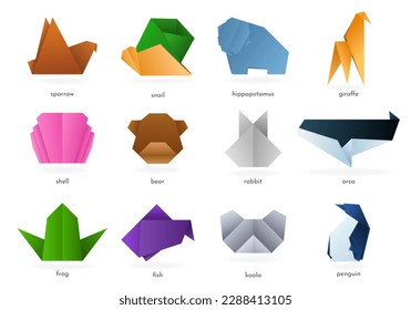 Set of origami animals, birds and fish. Vector origami.