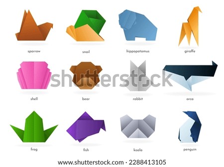 Set of origami animals, birds and fish. Vector origami.