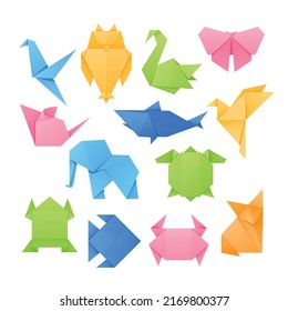 Set of Origami Animals, Crane, Owl, Swan and Butterfly, Mouse, Shark and Elephant. Turtle, Crab, Fish and Fox Paper Folded Handmade Characters for Kids Education or Fun. Cartoon Vector Illustration