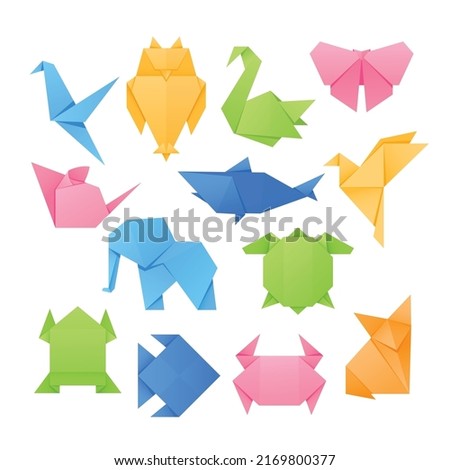 Set of Origami Animals, Crane, Owl, Swan and Butterfly, Mouse, Shark and Elephant. Turtle, Crab, Fish and Fox Paper Folded Handmade Characters for Kids Education or Fun. Cartoon Vector Illustration