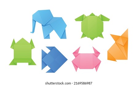 Set of Origami Animals, Elephant, Turtle, Crab, Fish and Fox with Frog Paper Folded Handmade Characters for Kids Education or Fun Isolated on White Background. Cartoon Vector Illustration