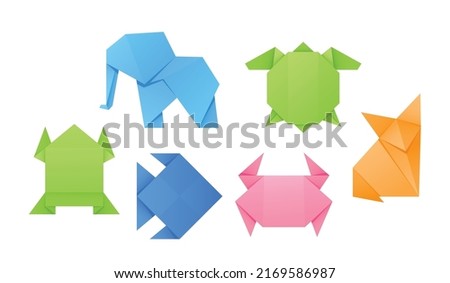 Set of Origami Animals, Elephant, Turtle, Crab, Fish and Fox with Frog Paper Folded Handmade Characters for Kids Education or Fun Isolated on White Background. Cartoon Vector Illustration