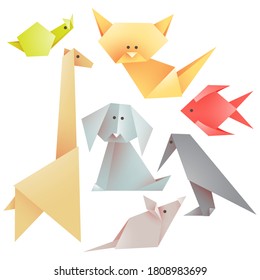 Set of origami animals - figures folded from colored paper. Vector illustrations on a white background
