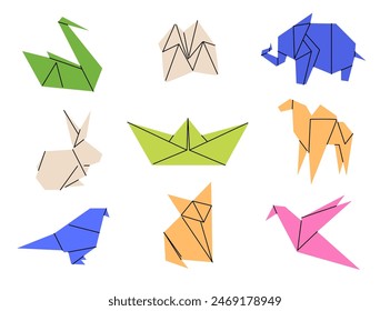 Set of origami animals. Figures made of colored paper. Leisure, hobbies. Toy - designer for children. Vector illustration isolated on transparent background.