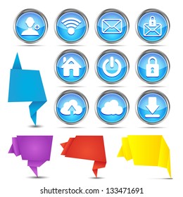 set of origami banners with web icons on a white background