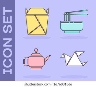 Set Origami bird, Rstaurant opened take out box filled, Japanese tea ceremony and Asian noodles in bowl and chopsticks icon. Vector