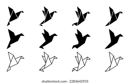 Set of origami bird vector icons. Black silhouette with flying paper birds. Linear icon.