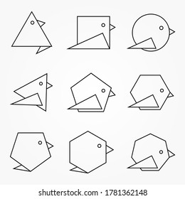 set of origami birds icons. line art style