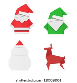 Set of origami Christmas characters: Santa Claus, elf, snowman and deer. Paper toys for decorations.