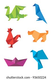 Set of origami colorful icons, animals and boat. Vector illustration.