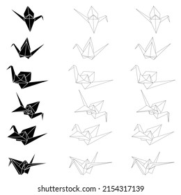 Set of origami crane vector outline, silhouette and dashed illustration icon isolated on white background. Japanese traditional origami crane for infographic, website or app.