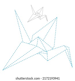 Set of origami crane vector outline dashed illustration isolated on white background. Japanese traditional origami crane for infographic, website or app. Geometric line shape for art of folded paper.