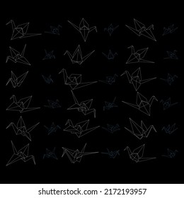 Set of origami crane vector outline dashed illustration isolated on black background. Japanese traditional origami crane for infographic, website or app. Geometric line shape for art of folded paper.