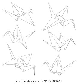 Set of origami crane vector outline illustration icon isolated on white background. Japanese traditional origami crane for infographic, website or app. Geometric line shape for art of folded paper.