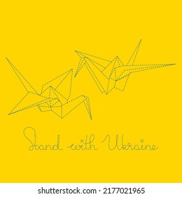 Set of origami crane vector outline illustration with lettering Stand with Ukraine on yellow background. Japanese traditional origami crane for print, website or app.