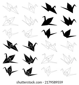 Set of origami crane vector outline, silhouette and dashed illustration icon isolated on white background. Japanese traditional origami crane for infographic, website or app.