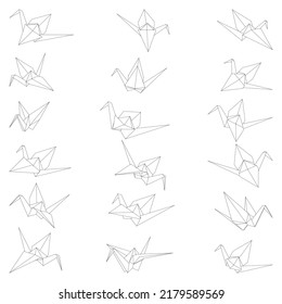 Set of origami crane vector outline dashed illustration isolated on white background. Japanese traditional origami crane for infographic, website or app. Geometric line shape for art of folded paper.