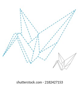 Set of origami crane vector outline dashed illustration isolated on white background. Japanese traditional origami crane for infographic, website or app. Geometric line shape for art of folded paper.