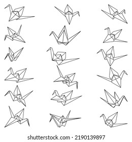 Set of origami crane vector outline illustration icon isolated on white background. Japanese traditional origami crane for infographic, website or app. Geometric line shape for art of folded paper.