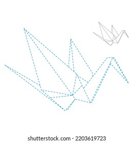 Set of origami crane vector outline dashed illustration isolated on white background. Japanese traditional origami crane for infographic, website or app. Geometric line shape for art of folded paper.