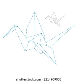 Set of origami crane vector outline dashed illustration isolated on white background. Japanese traditional origami crane for infographic, website or app. Geometric line shape for art of folded paper.