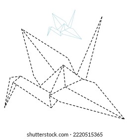 Set of origami crane vector outline dashed illustration isolated on white background. Japanese traditional origami crane for infographic, website or app. Geometric line shape for art of folded paper.