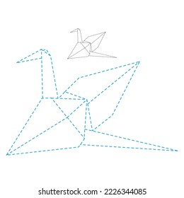 Set of origami crane vector outline dashed illustration isolated on white background. Japanese traditional origami crane for infographic, website or app. Geometric line shape for art of folded paper.