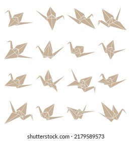 Set of origami crane vector silhouette illustration icon isolated on white background. Japanese traditional origami crane for infographic, website or app. Geometric line shape for art of folded paper.